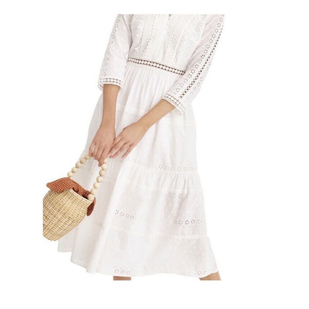 J. CREW EMBROIDERED SCALLOPED Prairie PINTUCKED TIERED MAXI SHIRT DRESS SIZE 8
